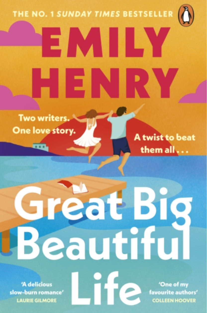 Book cover for 'Great Big Beautiful Life' by Emily Henry, featuring a warm yellow sky, pink clouds, two people jumping on a wooden dock, and blue water. The Penguin logo is visible at the top right.