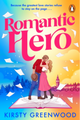 Book cover for 'Romantic Hero' by Kirsty Greenwood, featuring a romantic couple embracing on an open book with flying papers against a colorful gradient sky. The Penguin logo is visible in the top right corner.